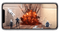 an iphone screen showing a scene with an explosion in the background