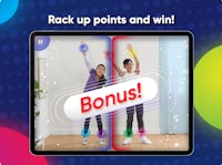 two girls are standing in front of a screen with the words'rack up points and win'