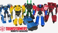 a group of transformers toys in different colors
